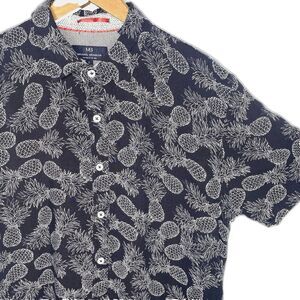 MICHAEL BRANDON Shirt Pineapple Slim Fit Button Short Sleeve Mens L Blue White
